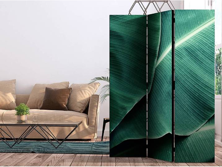 Paravent Banana Leaf Akustik Vlies auf Kiefer Massiv Grün 135 x 172cm
