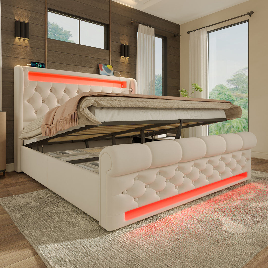 Canora Grey Upholstered Ottoman Storage Bed Beige European Kingsize (140 x 200cm)
