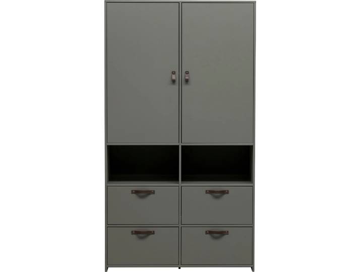 Garderobenschrank WOOOD Stage FSC-Kiefernholz Schutzlackiert, H 185 x B 103 x T 40 cm , grün, Holzwerkstoff, Schränke, Garderobenschrank, Ledergriffe, kombinierbar, einfach zu montierbar, pfleigleicht