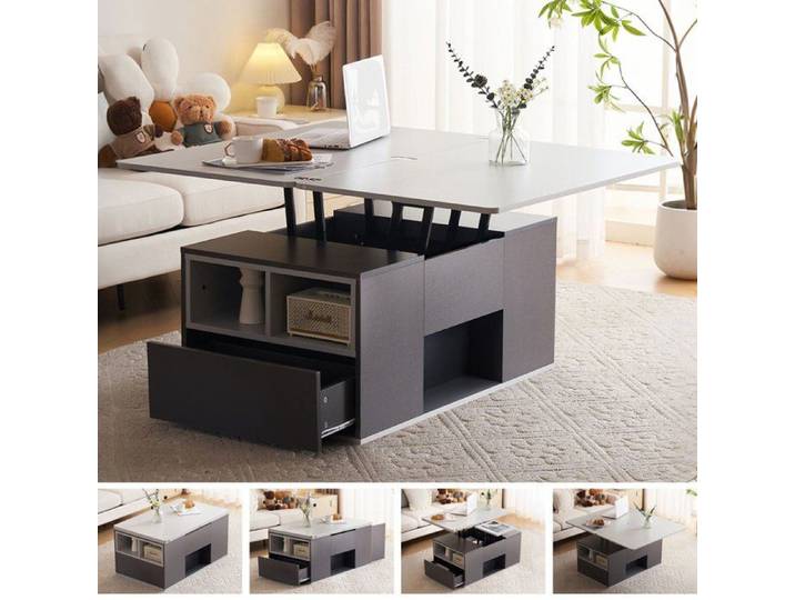 Table Basse Relevable Extensible Moderne avec 2 Tiroirs Plateau de S'ouvre Sur 2 Tables Table Basse Salon Multifonctions Gris