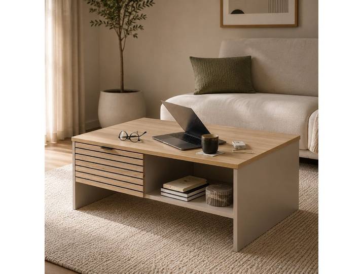 Lomadox Couchtisch ISCHIA-36, in Beige mit Eiche, 110 cm breit, Lamellenoptik