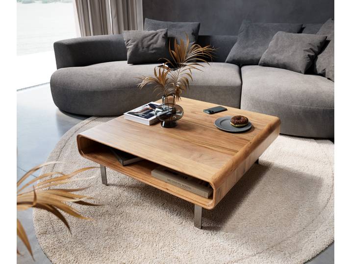 DELIFE Couchtisch Anaya 90x90 cm Akazie Natur 1 Fach L-Fuß Edelstahl