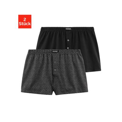 Weiter Boxer BRUNO BANANI, Herren, Gr. M, 2 Stk., schwarz (bedruckt, schwarz), Jersey, Obermaterial: 92% Baumwolle, 8% Elasthan (LYCRA), bedruckt, unifarben, bequem, Unterhosen, in weiter Passform