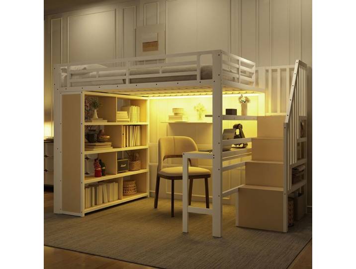 Lit Mezzanine - SOGEU - Lit Mezzanine 140x200 Blanc - Bureau intégré - Escalier rangement - LED contrôlable