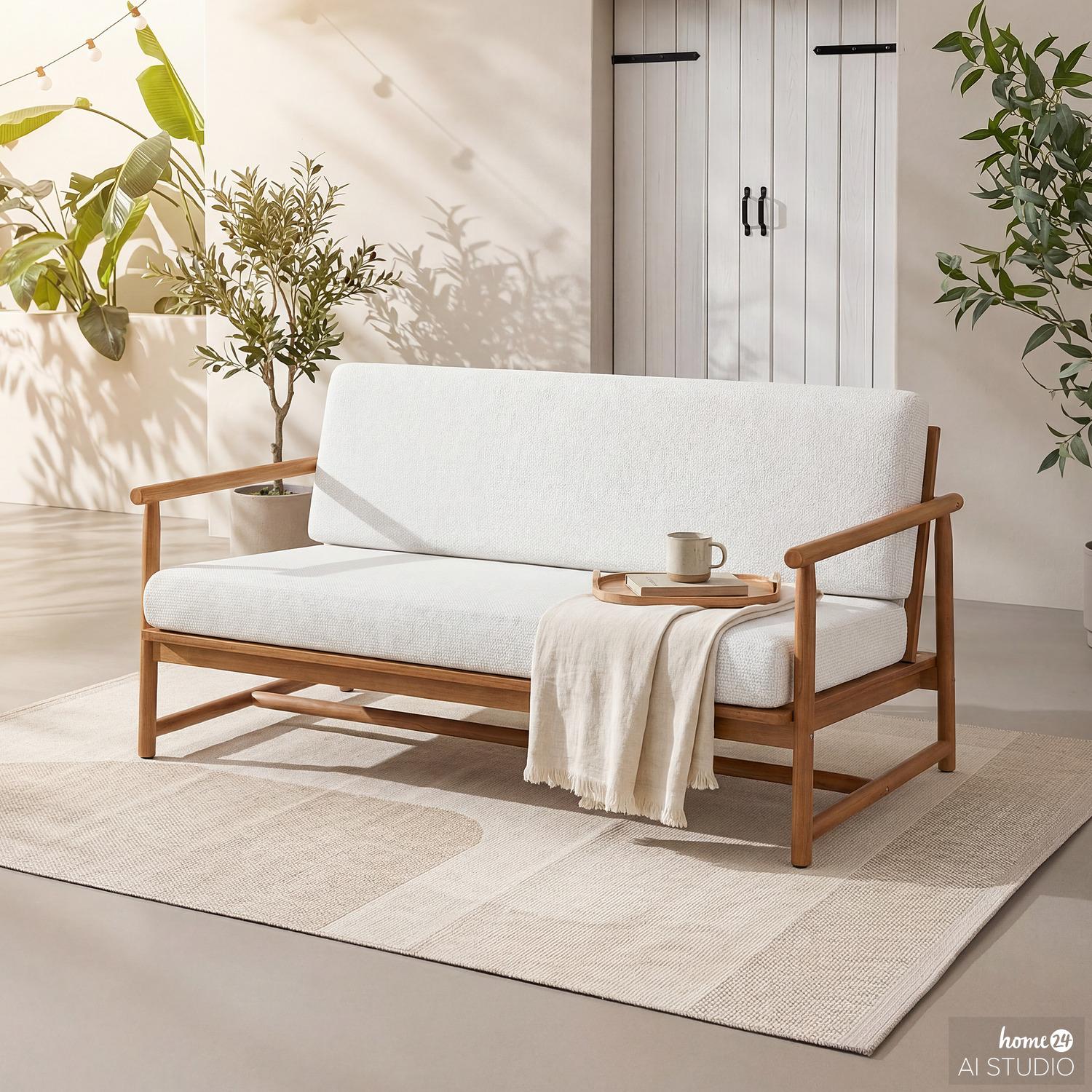 home24 Loungesofa - Akazie Massiv / Webstoff - Akazie Braun / Creme