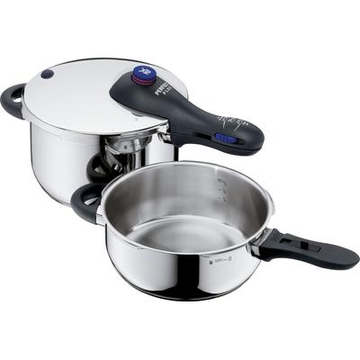 Schnellkochtopf WMF "Perfect Plus", blau (edelstahlfarben, schwarz, blau), Töpfe, Schnellkochtopf, Dampfkochtopf mit abnehmbarem Griff, Ø 22 cm, Induktion