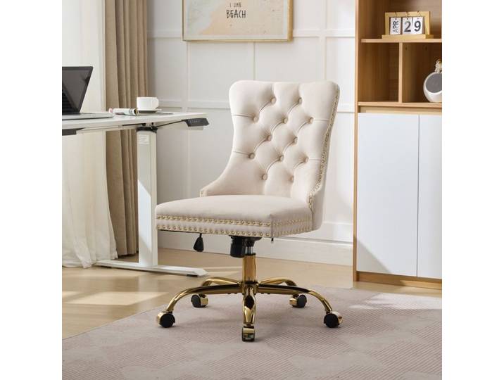 Chaise de bureau - DREAMMESPACE - Réglable - Velours beige - Piètement métal doré - 63x50x98cm