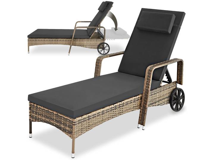 Sonnenliege Rattan mit Rollen - natur/dunkelgrau