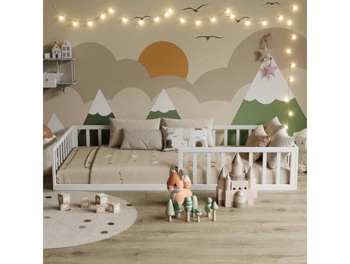 Vitalispa Kinderbett Minno , Weiß 90x200 mit Matratze, mit Rausfallschutz und niedriger Einstiegshöhe