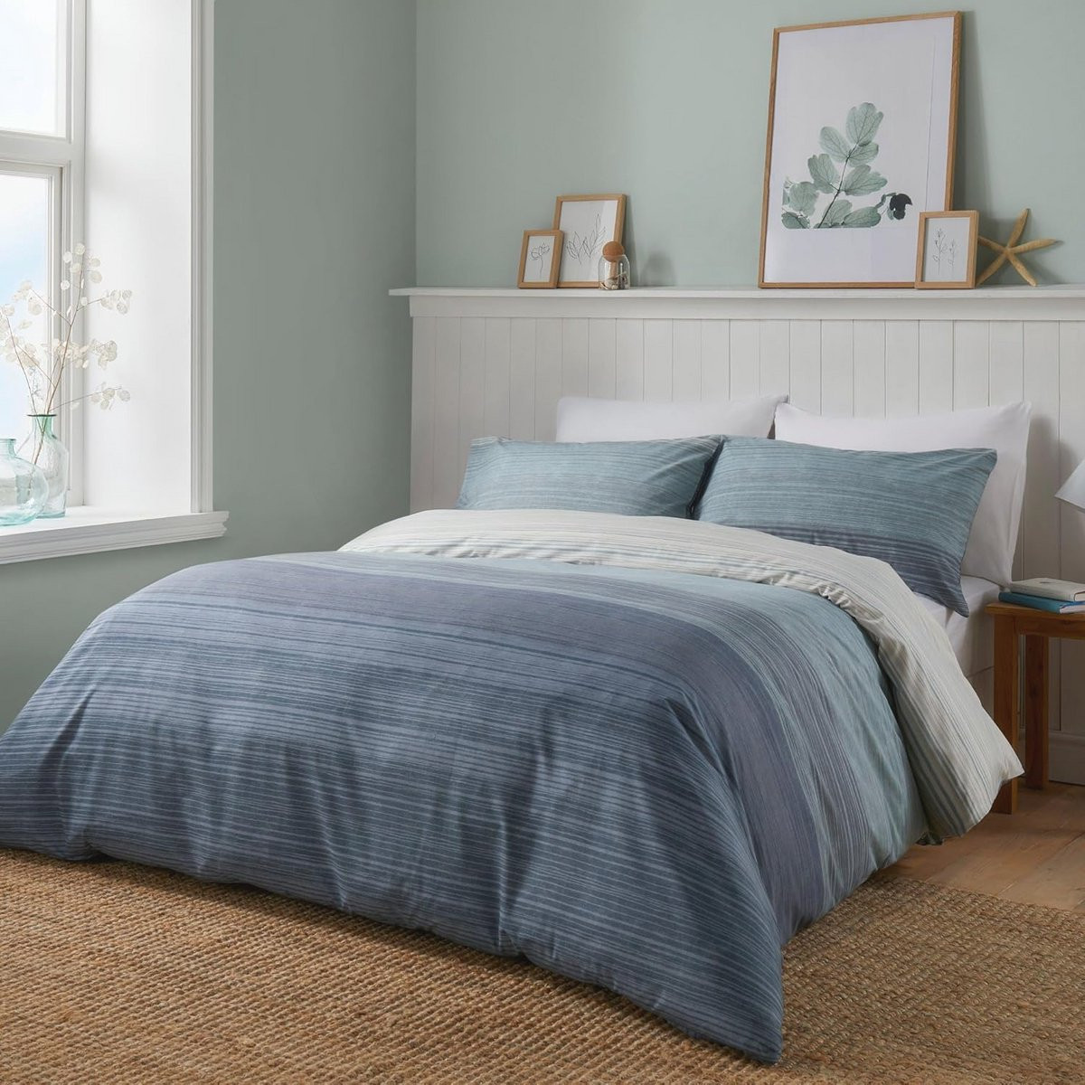 Tweepersoons Duvetdekbedovertrek Set in Blauw met Stripes en Ombre Effect