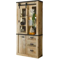 VITRINE Used Wood hell, anthrazit 93 x 201 cm, Vitrinenschrank mit Soft-Close