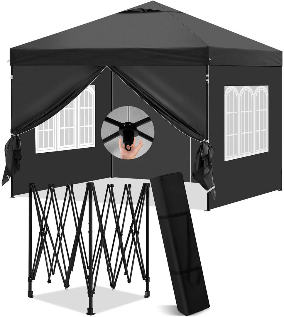 Dakota Fields Gazebo 3 X 3 M, Folding Gazebo With Side Walls, Waterproof, Stable, Winterproof, Outdoor Garden Gazebo, Party Tent, Garden Tent, Height Adjustable, Uv Black 300cm W X 300cm D X 270cm H