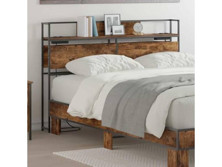 Modernes Kopfteil mit Einlegeböden und Ladestation, Holzwerkstoff, Räucherfarbe Eiche, rechteckige Form, ideal für Schlafzimmer, integrierte Bücher- und Dekoböden,