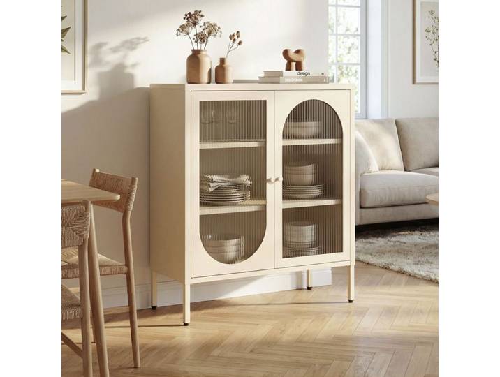 Buffet industriel métal 2 portes beige et verre cannelé 80cm KURT