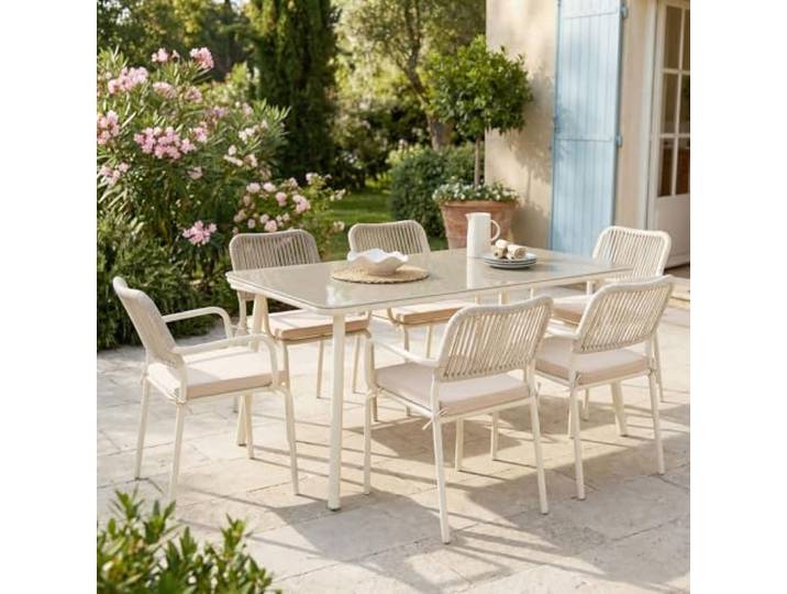 IDIMEX Gartenmöbel Set VOLONTE 1 Tisch 6 Stühle, Beige – Wetterfeste Sitzgruppe mit Glasplatte & Rope-Bespannung für Garten Terrasse Balkon