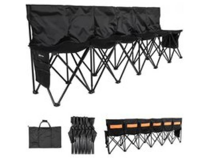 VEVOR tragbare Mannschaftsbank Sitzbank Campingbank (6 Personen) mit Seitentaschen & Tragetasche & Rückentasche, Klappbank mit Rückenlehne, Seitenbank für Fußball Baseball Outdoor Schwarz