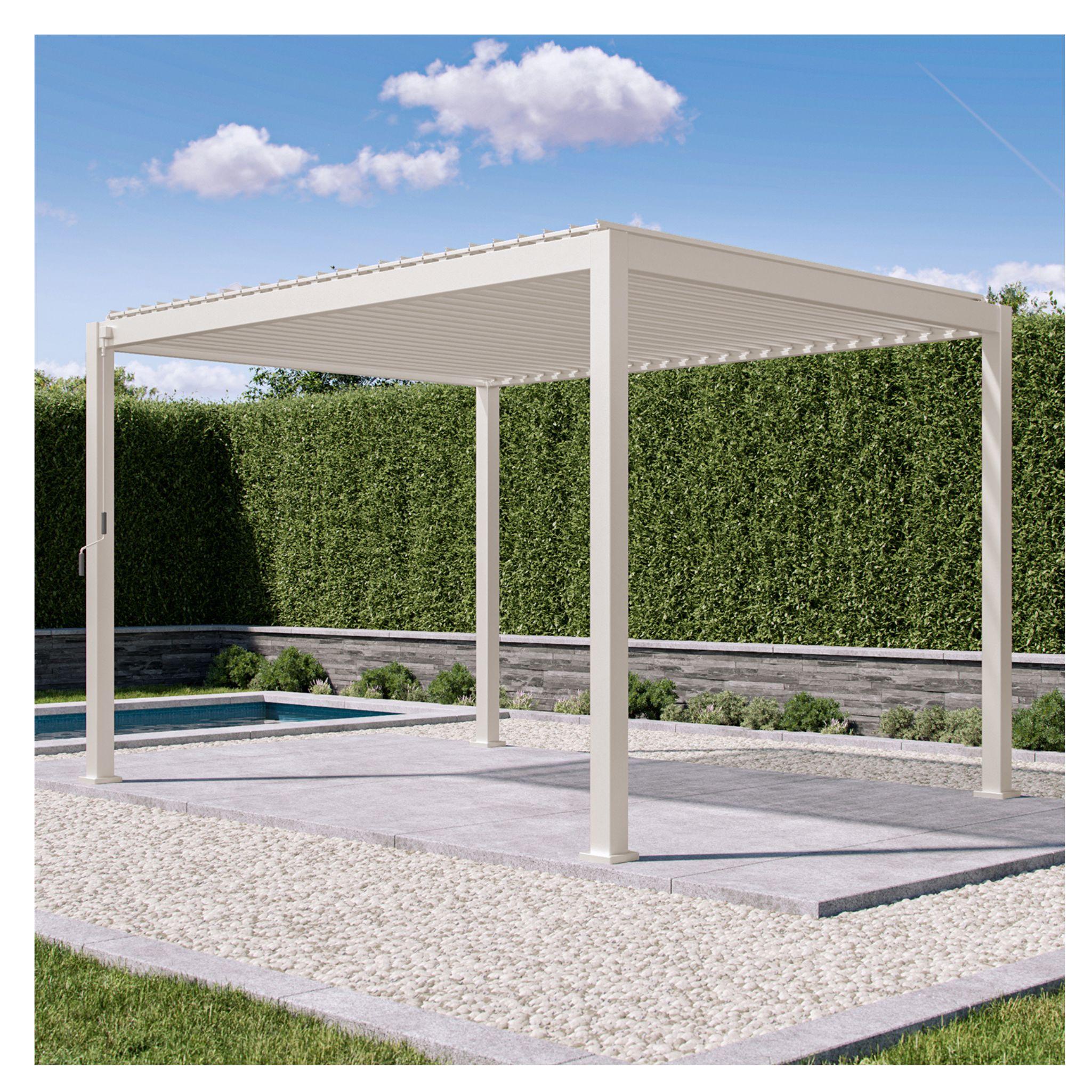 Mirador Pergola 111S 3 x 4 m, Stahl-Lamellendach, Alu-Pfosten, Regenrinne, freistehend, windfest Garten Pavillon (Latte)