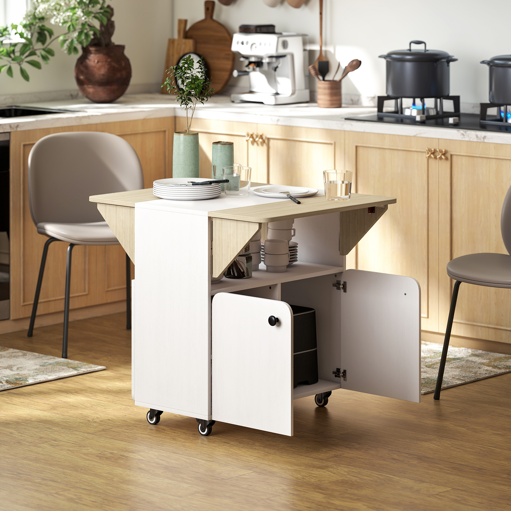 Homcom Tavolo da pranzo pieghevole su ruote, tavolo da cucina 4 persone, 2 ribalte, ripiano, armadietto, 70x83x75cm, bianco   Aosom Italy