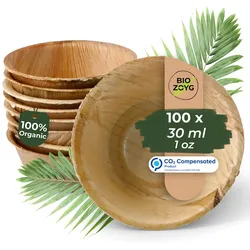 BIOZOYG 100 Stück Dipschälchen 30ml rund Einwegschälchen Palmblattschälchen Snackschälchen, kompostierbar, ideal für Fingerfood und Snacks