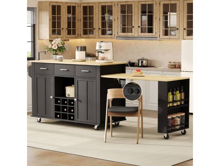 Îlot central de cuisine mobile – plan de travail extensible – 3 tiroirs – noir et naturel