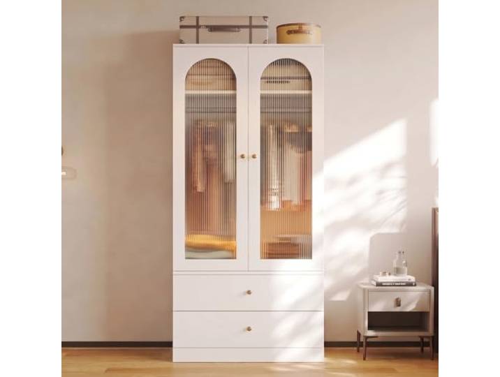 Merax 2-türiger Kleiderschrank mit Riffelglas-Türen im Bogen-Design, Drehtürenschrank mit 2 Schubladen, Kleiderstange und viel Stauraum, moderner Schlafzimmerschrank, 90x50x200 cm, Weiß