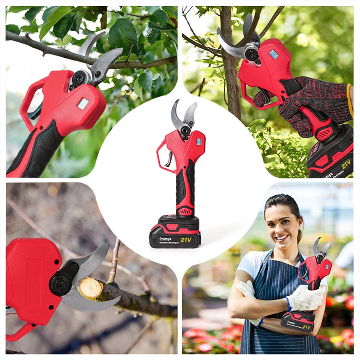 Elektrische snoeischaar met borstelloze motor, 1000W, 21V, 50mm, rood