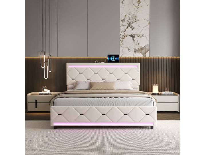 Lit Coffre 140x190 avec LED Lit Rembourré avec Coffre Lit Capitonné avec 4 Tiroirs Lit Double Rembourré avec USB Lit 2 Personnes