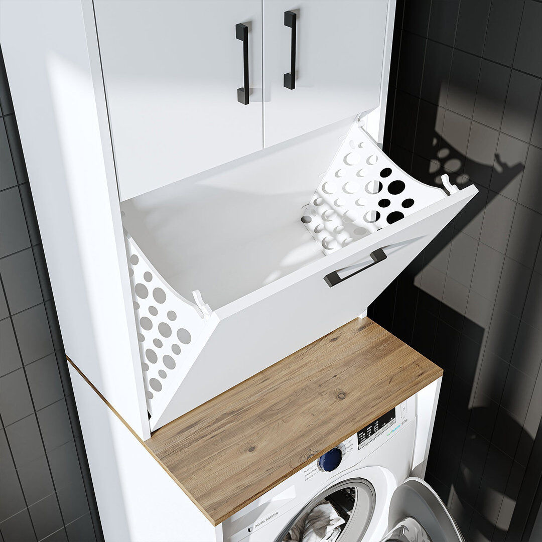 Roomart Luna Washing Machine Cabinet with Built In Laundry Basket and Storage Cupboards, White/Oak 181cm H X 65cm W X 65cm D