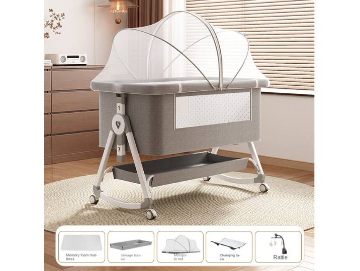 Lit bébé, mobile, réglable en hauteur, facile à plier, avec roulettes, matelas, panier de rangement et moustiquaire, table à langer