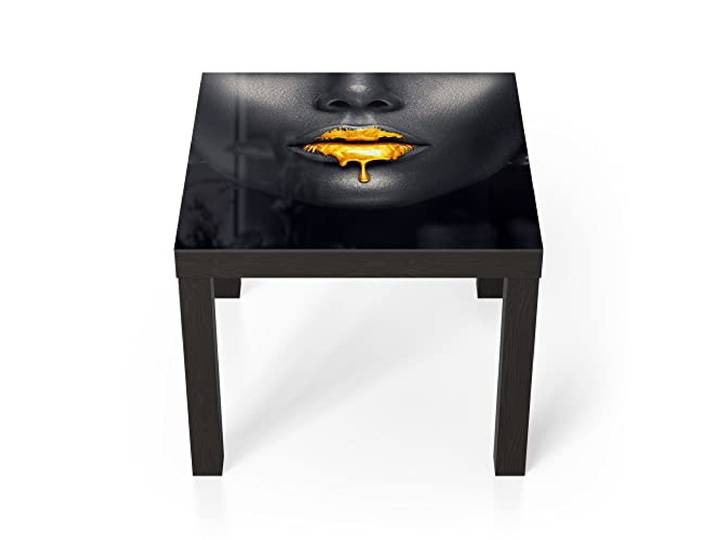DEQORI Glastisch schwarz klein 55x55 cm Motiv Goldbedeckte Lippen ausgefallener Beistelltisch aus Glas Hochglanz Couchtisch fürs Wohnzimmer moderner Couch Tisch mit Design