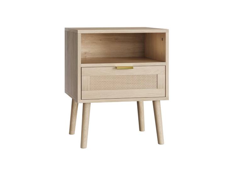 Urban Meuble Nachttisch Eiche 45 cm – Boho Nachtkonsole mit Rattan & offenem Fach, Eichefarben, Rechteckig, 45x55x40 cm, Schlafzimmer, Nachtkästchen
