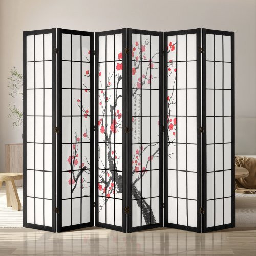 Vevor 6-delige Japanse kamerverdeler met kersenbloesemmotief, opvouwbaar houten privacyscherm voor binnen, zwart
