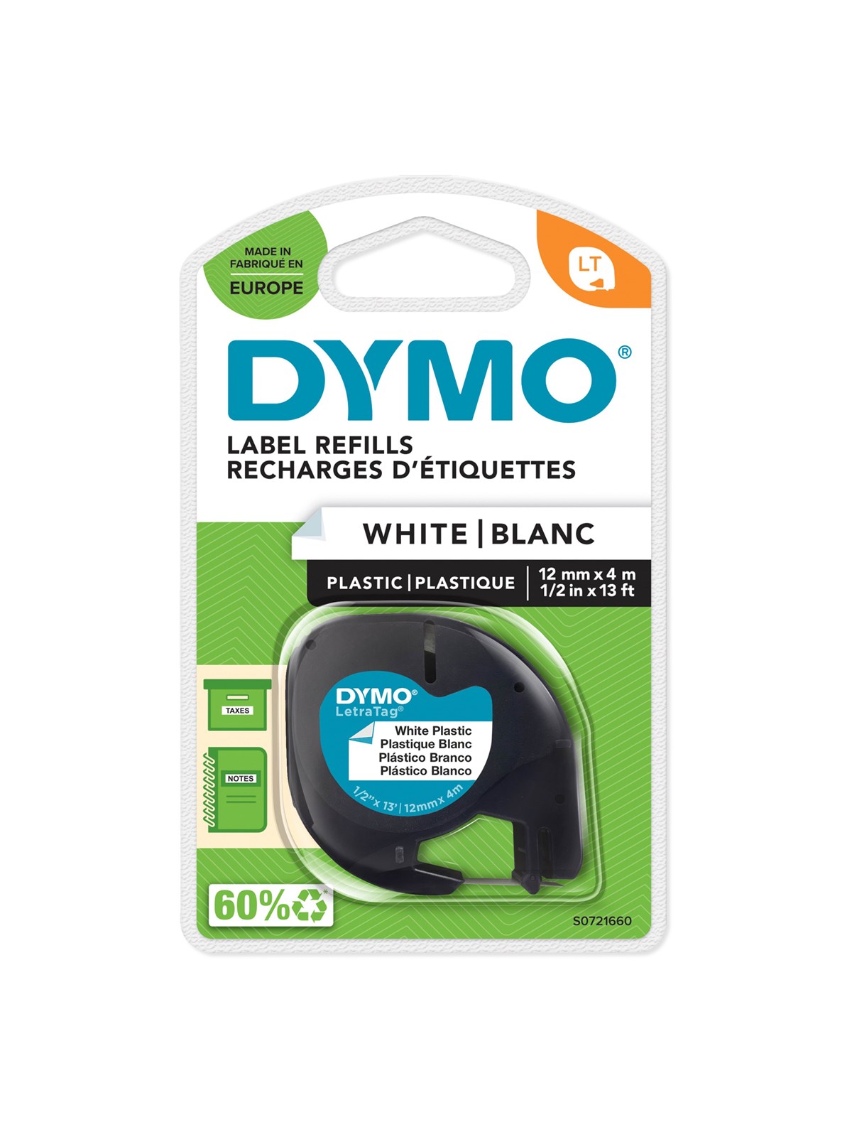 DYMO LetraTag Etikettenband| schwarz auf weiß | 12 mm x 4 m