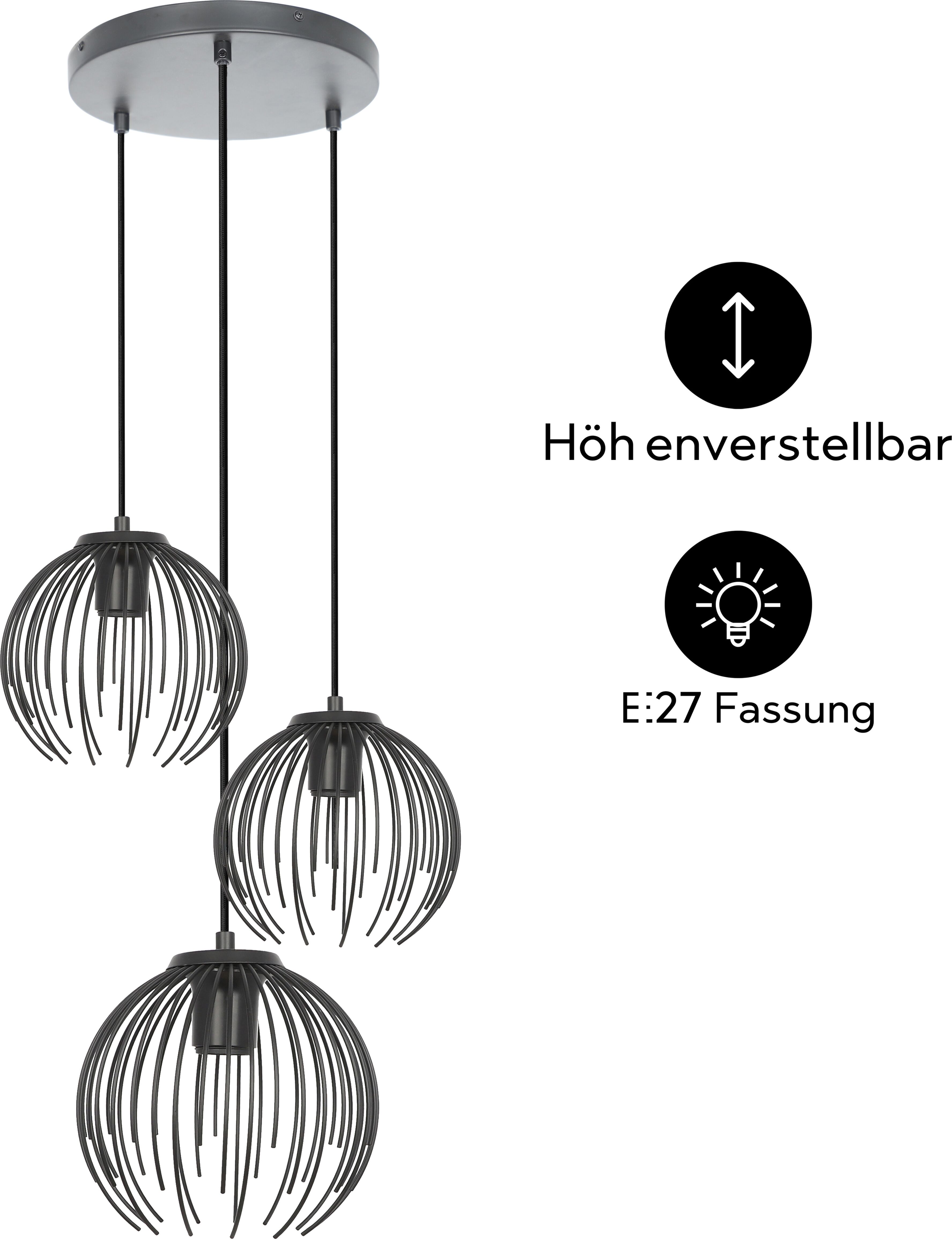 OTTO HOME Pendelleuchte "Tonnia - Hängelampe, höhenverstellbar, 3er Rondell, Metall", schwarz (schwarz matt), 3, Ø 25cm, 1 Stk., Leuchten, Wohnzimmer, modern, ballonförmiger Lampenschirm, Pendellampe, Pendelleuchte