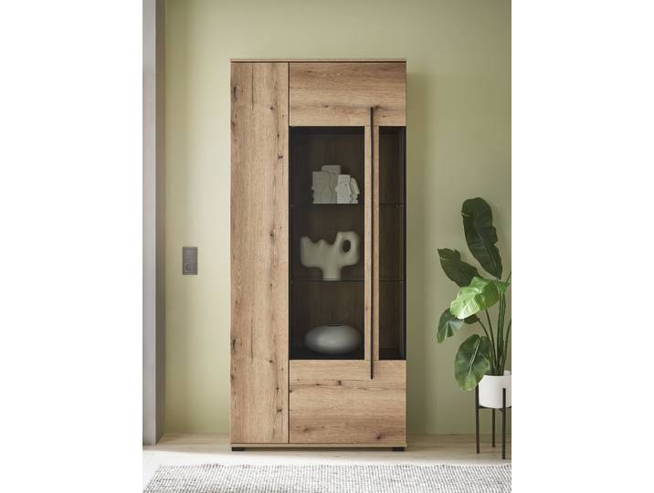 Vitrine HOME AFFAIRE Cantara, Vitrinenschrank in Eiche Evoke oder weiss, Standvitrine , braun (eiche evoke), B:90cm H:200cm T:37cm, FSC-zertifizierter Holzwerkstoff, Schränke, Vitrine, schwarzer Stangengriff, ausreichend Stauraum, vielseitig einsetzbar