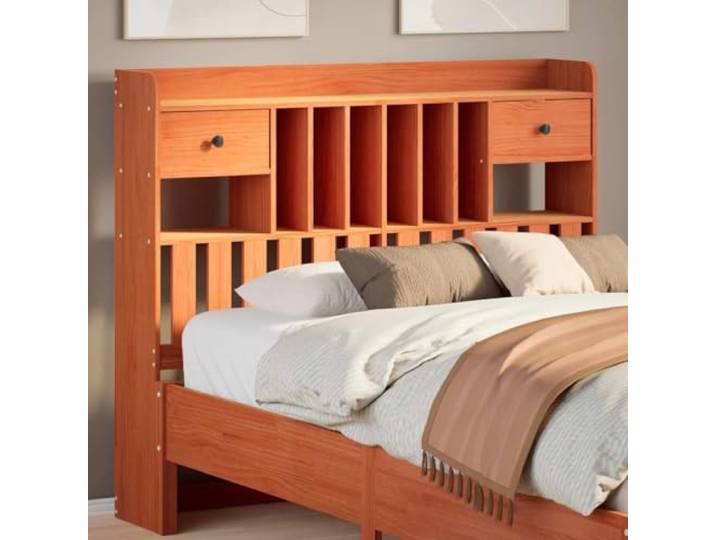 KTHLBRH Kopfteil mit Ablagen, braun, gewachst, 135 cm, massives Kiefernholz, 6 Fächer und 2 Schubladen, selbsttragendes Design zur Optimierung von Räumen, robustes Gestell