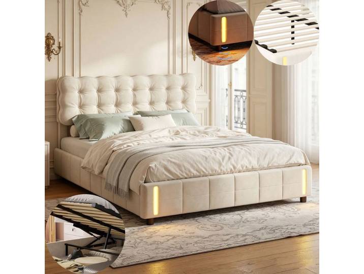 Lit 160x200 avec sommier et tete de lit design nuage lit coffre 160x200 avec LED coffre de lit tissu en velours beige