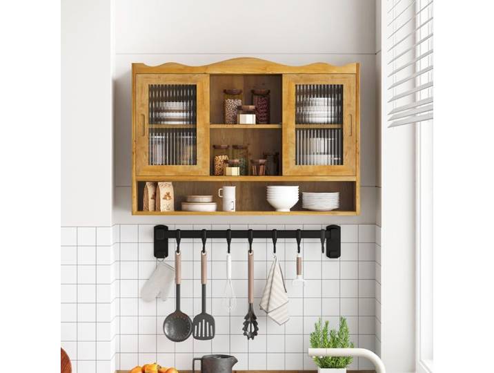 Armoire murale rétro 2 portes coulissantes rangement - ELVMI - bois massif et verre naturel 90 cm
