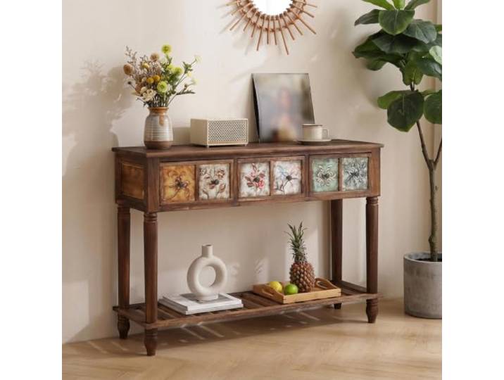 Konsolentisch Schmal Massivholz Mit Schublade,Flurtisch, Beistelltisch Sofatisch,Eingangstisch,für Wohnzimmer,Flur,Diele,Eingangsbereich,Modern(Brown,116x30x90cm)