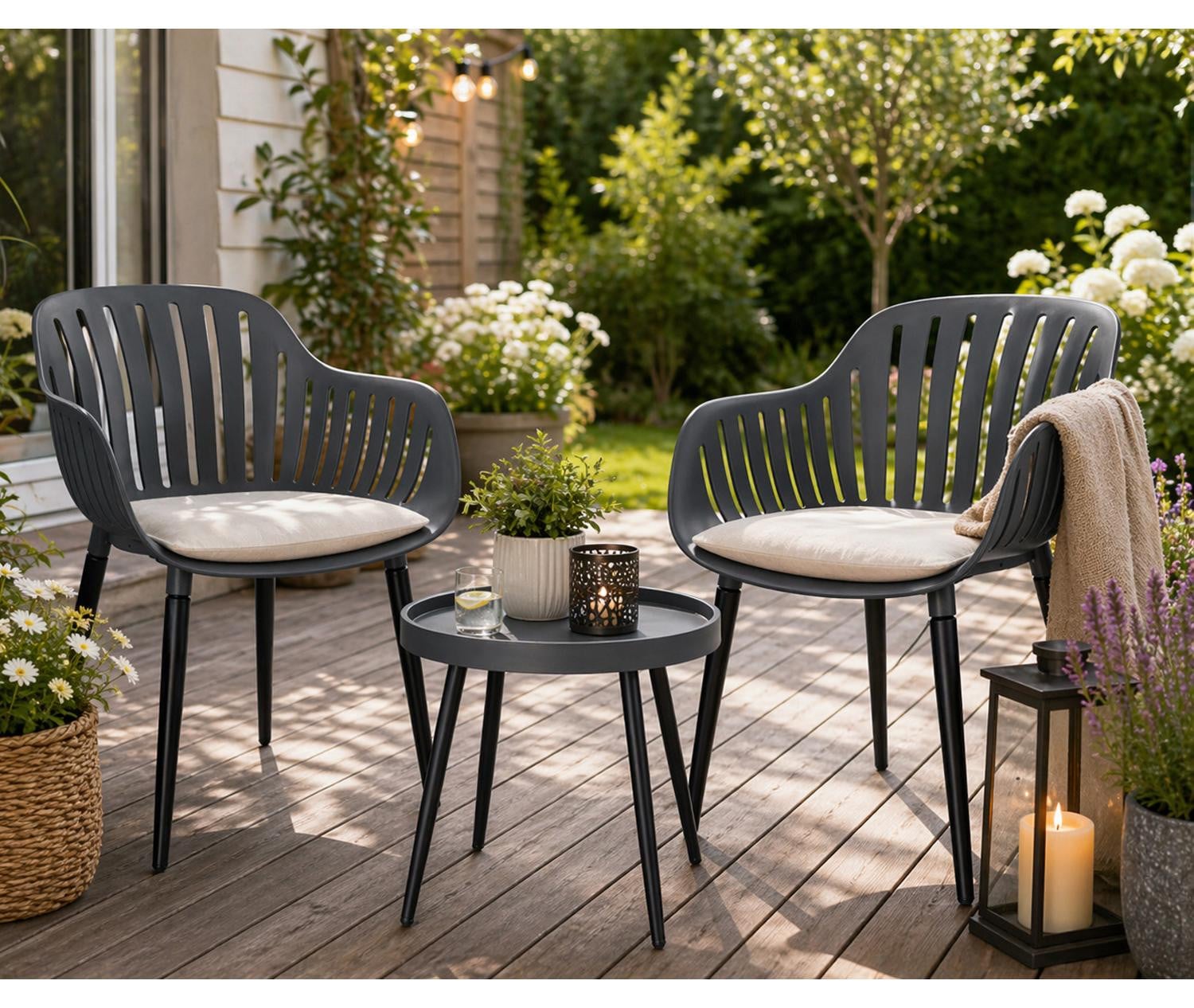 Mojawo 3-delige bistroset met ronde tafel en stapelbare kunststof stoelen