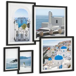 BILDER SET 5er Set - 50x50 cm & 20x30 cm & 40x60 cm Schwarzer Rahmen - Gebäude am Weißen Meer, Griechenland
