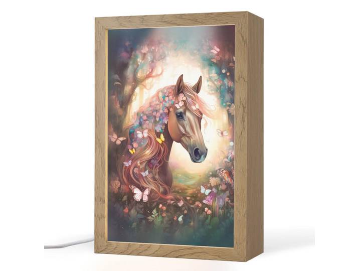 OnlyWow Nachttischlampe - Pferd - Natur - Blumen - Schmetterlinge - Wald - 20x30 cm, Dunkelbraun, Holzwerkstoff, Rechteckig, LED integriert, 20x30x8 cm, Lampen & Leuchten, Innenbeleuchtung, Nachtlicht