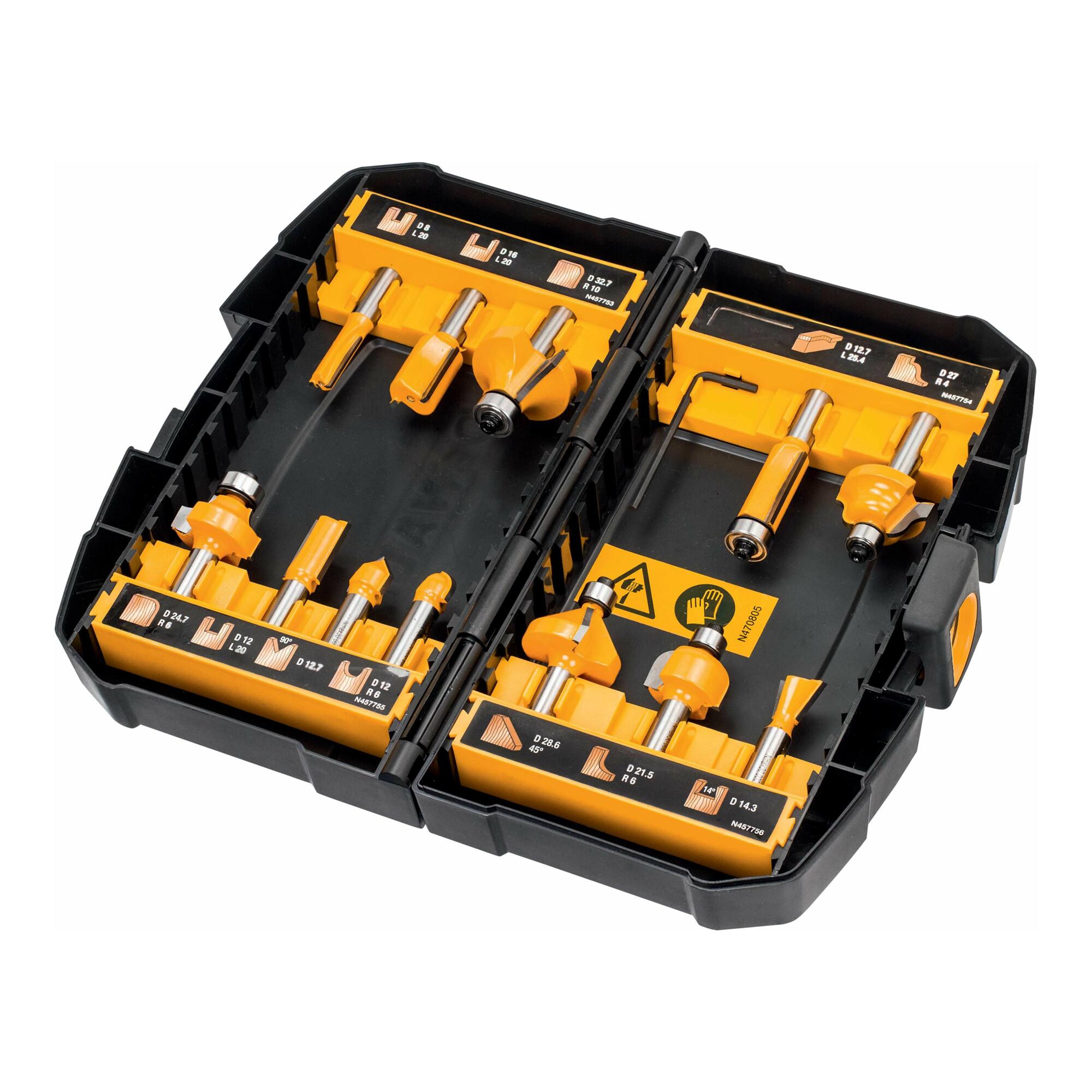DEWALT DT90016-QZ Fräser-Set aus Hartmetall, 12-teilig, mit Koffer)