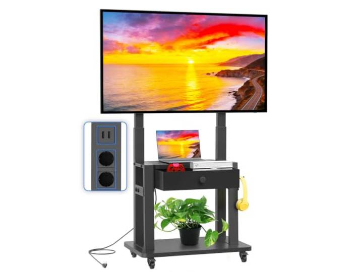 Rollbarer TV-Ständer mit Steckdose für 32-75 Zoll Flach-/Curved-Bildschirme bis 100 kg (LCD/LED/OLED). Mobiler TV-Ständer mit Stoffschublade und Rollen, höhenverstellbar, ideal für Home office