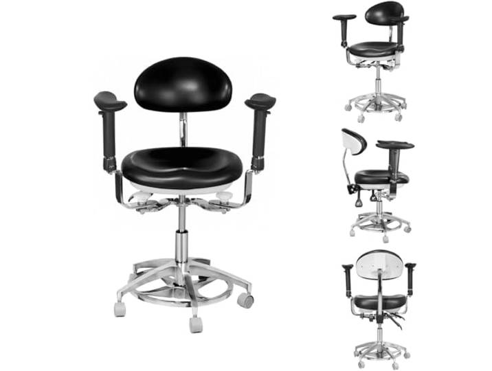 BONEW Oral 360° drehbarer mobiler Stuhl, Dentalsitz, dynamischer Sitz, Arzthocker mit Armlehne, höhenverstellbarer Hocker mit Fußstütze, importiert, manuelle Höhenregelung, PU-Leder, Farbauswahl