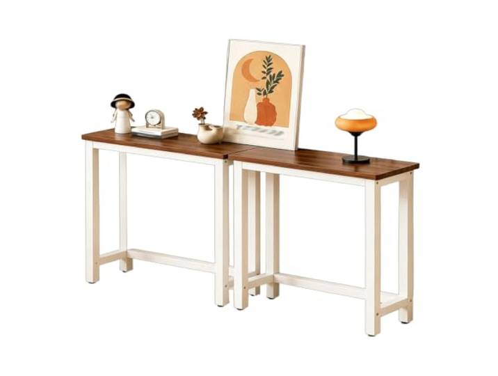 Schmaler Sofatisch, Langer Beistelltisch, Eingangstisch, Schmales Design Holztischplatte / Metallgestell, Offen gestaltet, für Eingang, Flur, Foyer, Wohnzimmer, Braun-Weiß 160×15×80cm