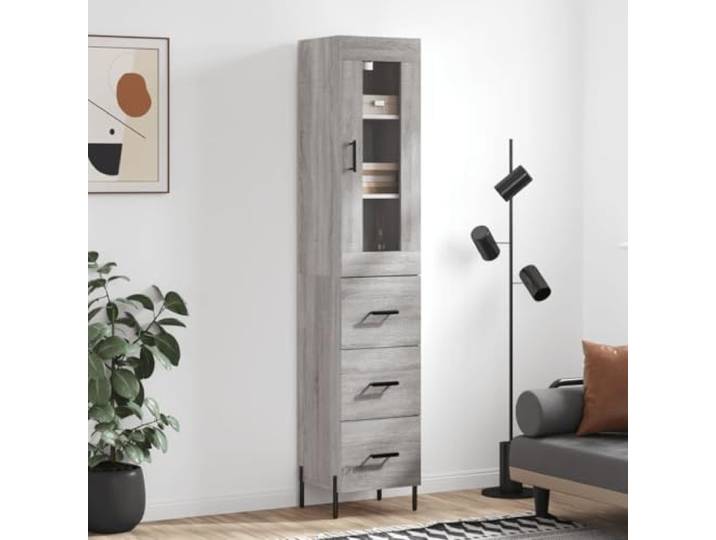RJPLMFV Anrichte hoch, grau, 34,5 x 34 x 180 cm, Holz, Technik Wohnzimmermöbel, Flügeltürschrank, Aufbewahrungsregal, Metallfüße, Wandbefestigung