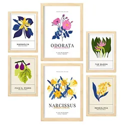 POSTER Set Mit 6 Blumen Narzissen Natur Und Botanikdrucke Für Innenarchitektur A3 & A4 Rahmen Aus Hellem Holz