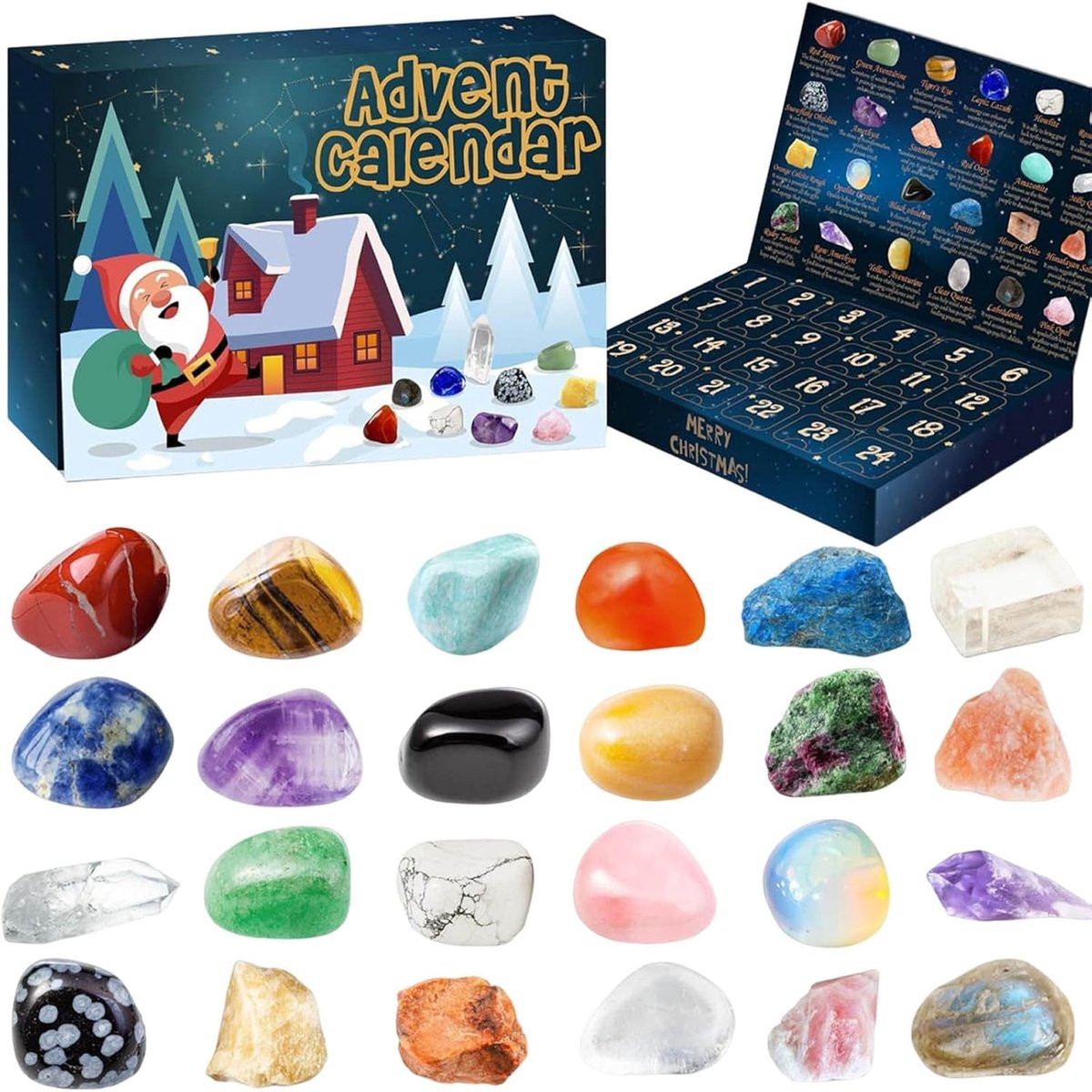 Kerst-adventskalender met 24 dagen kristallen, gesteenten, mineralen en edelstenen voor volwassenen