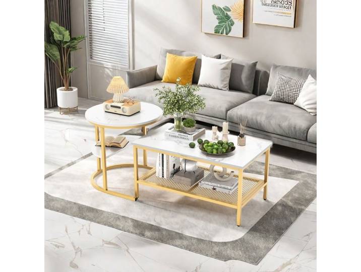 Table basse blanche gigogne Lot de 2 Tables d'appoint pour Salon Chambre Table basse moderne avec aspect marbre et pieds doré